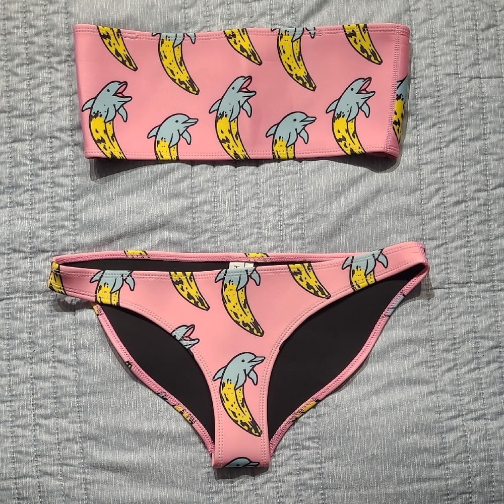 Playful NWOT Pink HOAKA×PONY Neoprene Bikini Set with Dolphin and Banana Print